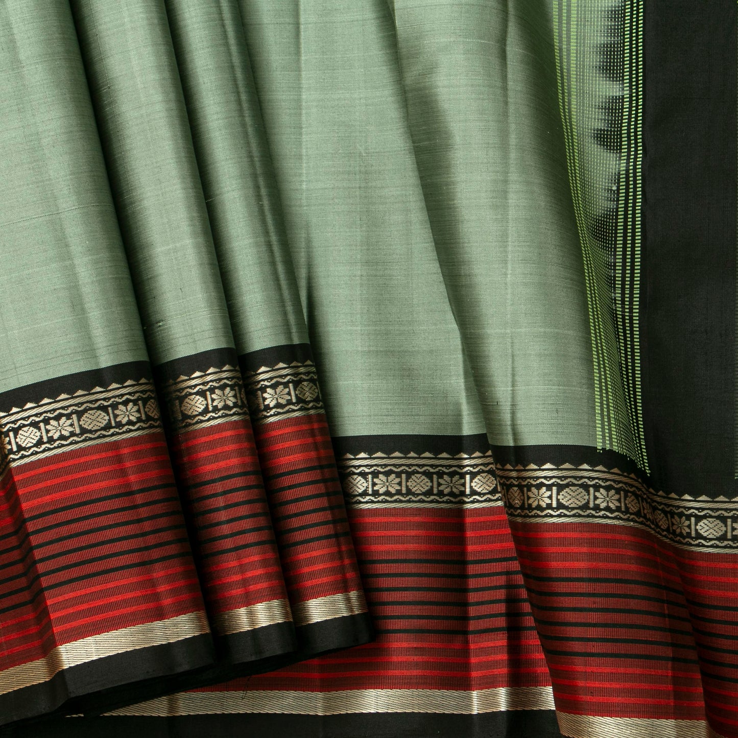 The Enigmatic Leader: Handwoven Sage Green and Black Kanchipuram Pure Silk Saree No Zari For Office Wear PV.KNN 330