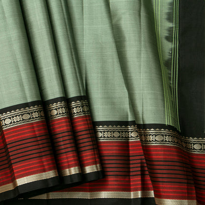 The Enigmatic Leader: Handwoven Sage Green and Black Kanchipuram Pure Silk Saree No Zari For Office Wear PV.KNN 330