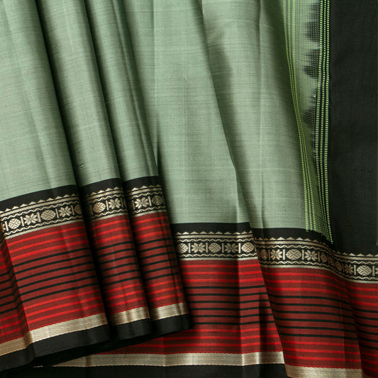 The Enigmatic Leader: Handwoven Sage Green and Black Kanchipuram Pure Silk Saree No Zari For Office Wear PV.KNN 330