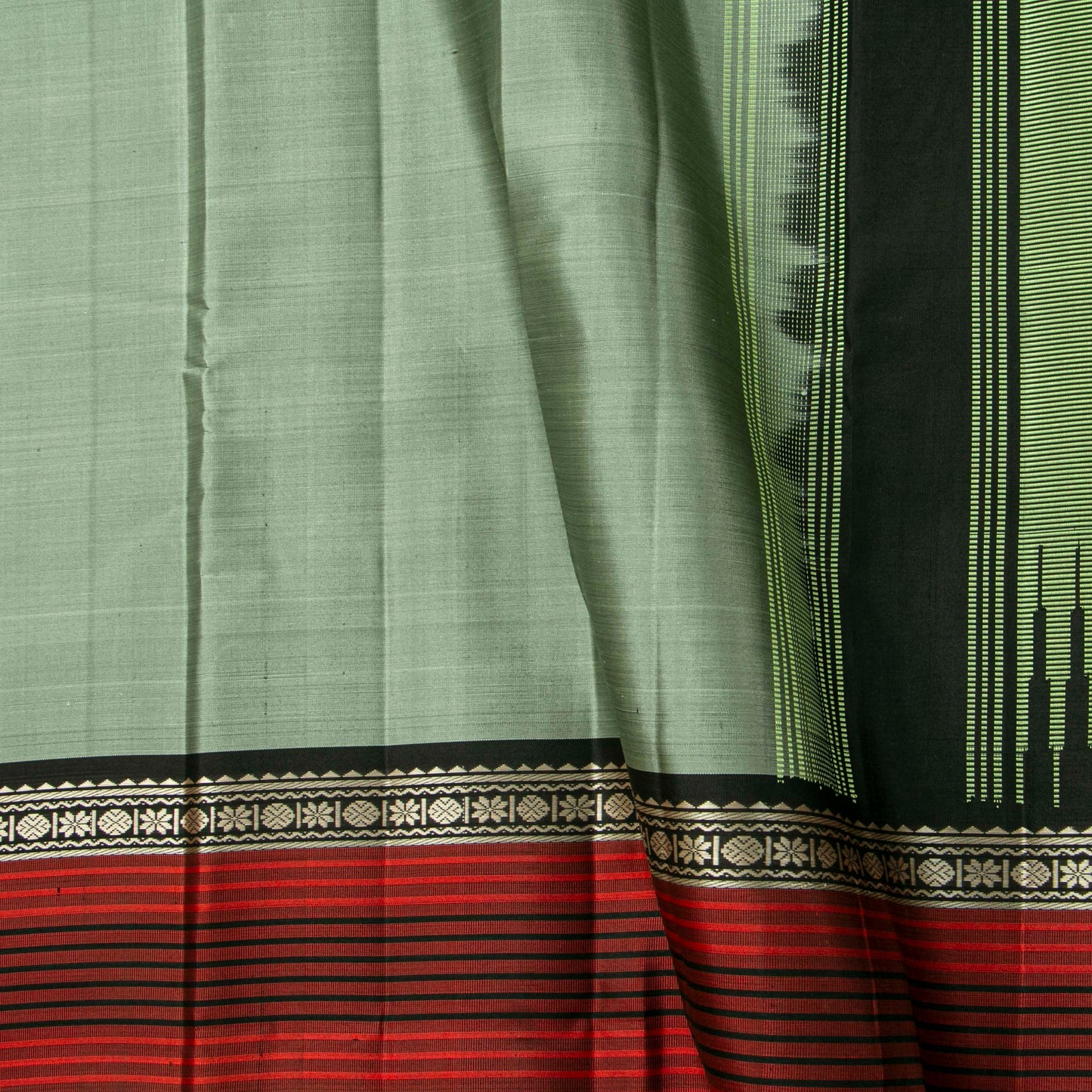 The Enigmatic Leader: Handwoven Sage Green and Black Kanchipuram Pure Silk Saree No Zari For Office Wear PV.KNN 330