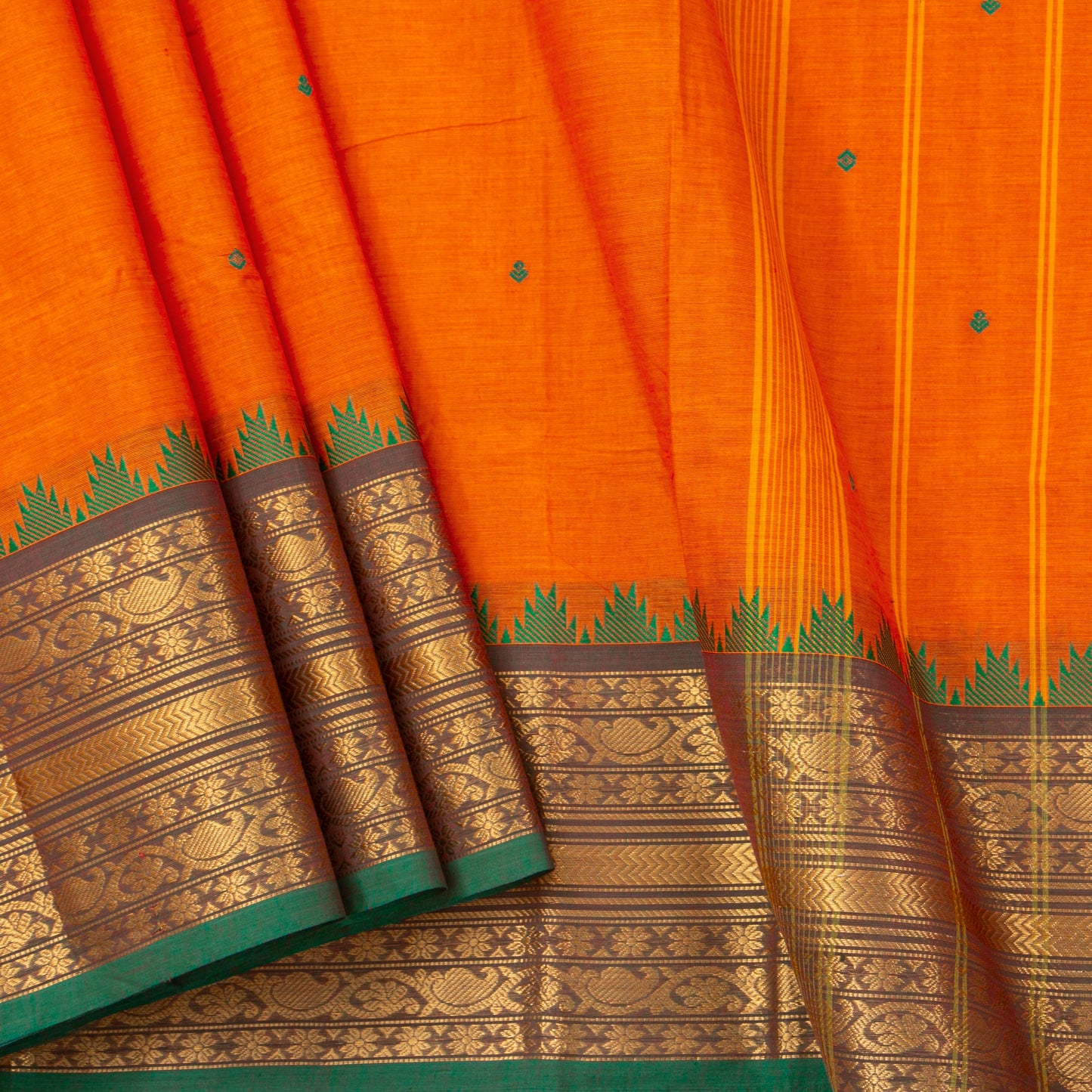 Orange And Green Kanchi Cotton Saree For Festive Wear PV MM KC 522