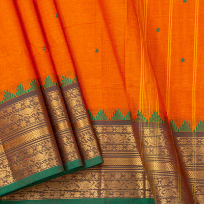 Orange And Green Kanchi Cotton Saree For Festive Wear PV MM KC 522