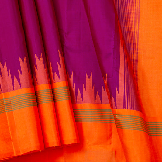 Purple And Orange Kanchipuram Silk Saree Without Zari For Office Wear PV KNN 340