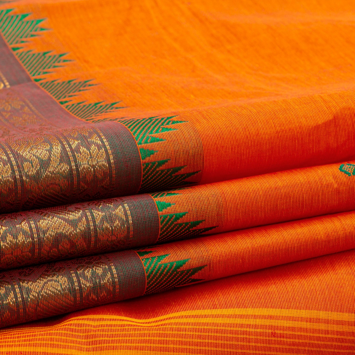 Orange And Green Kanchi Cotton Saree For Festive Wear PV MM KC 522