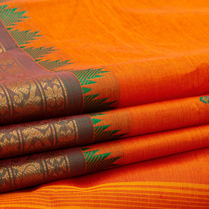 Orange And Green Kanchi Cotton Saree For Festive Wear PV MM KC 522