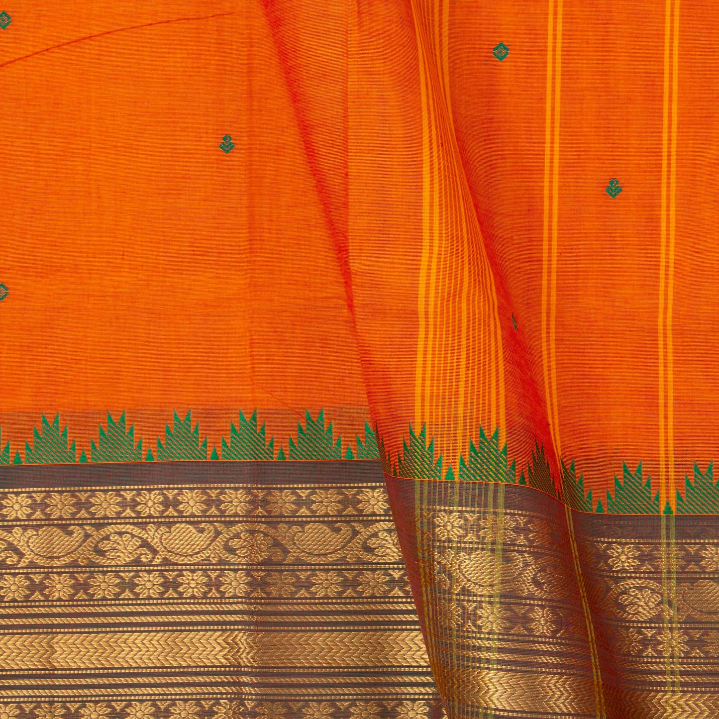 Orange And Green Kanchi Cotton Saree For Festive Wear PV MM KC 522