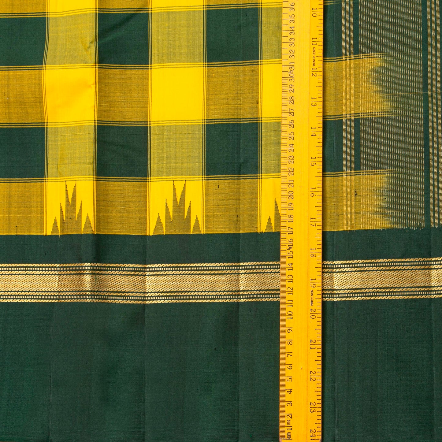 Yellow And Green Kanchipuram Silk Saree With Temple Korvai Border For Festive Wear PV KNN 348