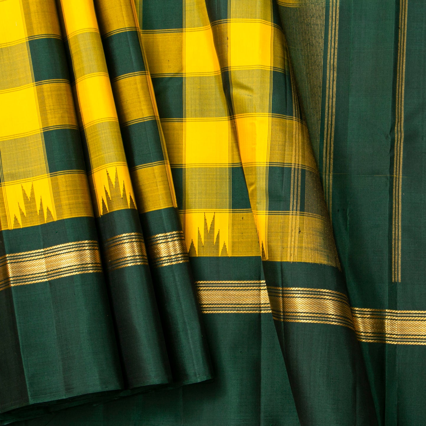 Yellow And Green Kanchipuram Silk Saree With Temple Korvai Border For Festive Wear PV KNN 348