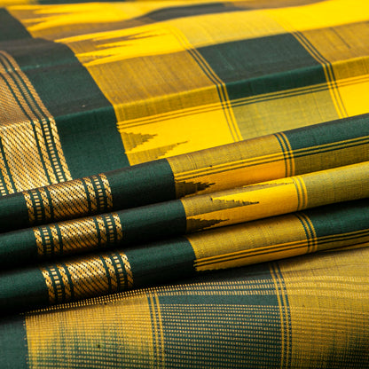 Yellow And Green Kanchipuram Silk Saree With Temple Korvai Border For Festive Wear PV KNN 348