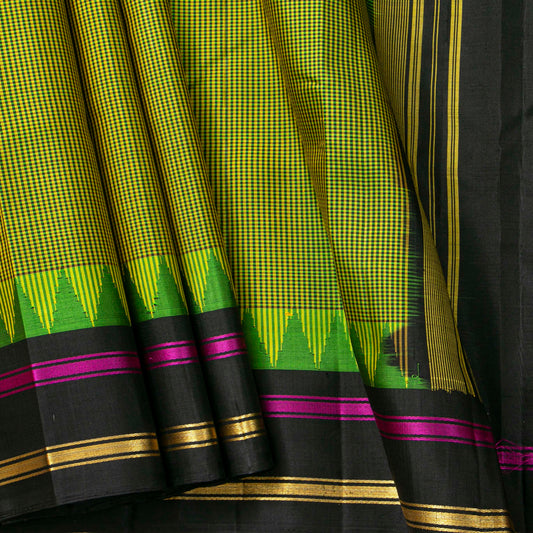 Lime Green And Black Checked Kanchipuram Silk Saree For Office Wear PV KNN 346