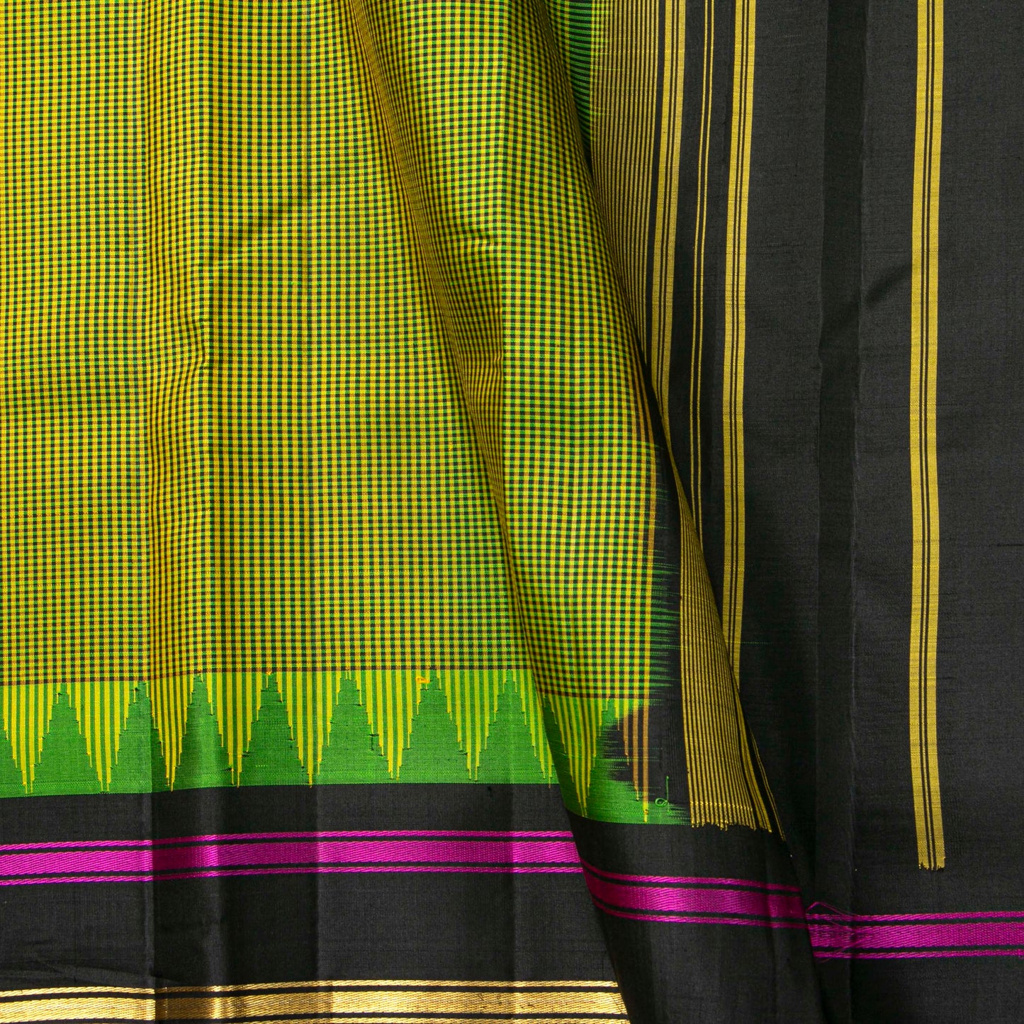 Lime Green And Black Checked Kanchipuram Silk Saree For Office Wear PV KNN 346