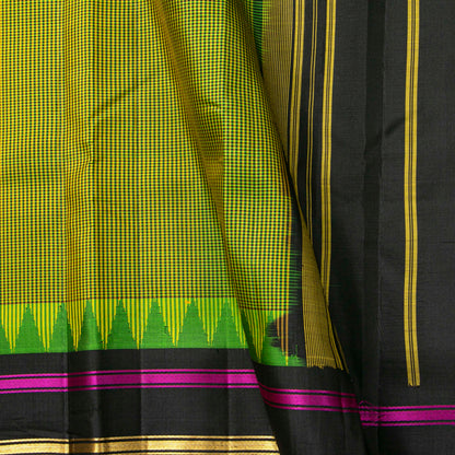 Lime Green And Black Checked Kanchipuram Silk Saree For Office Wear PV KNN 346