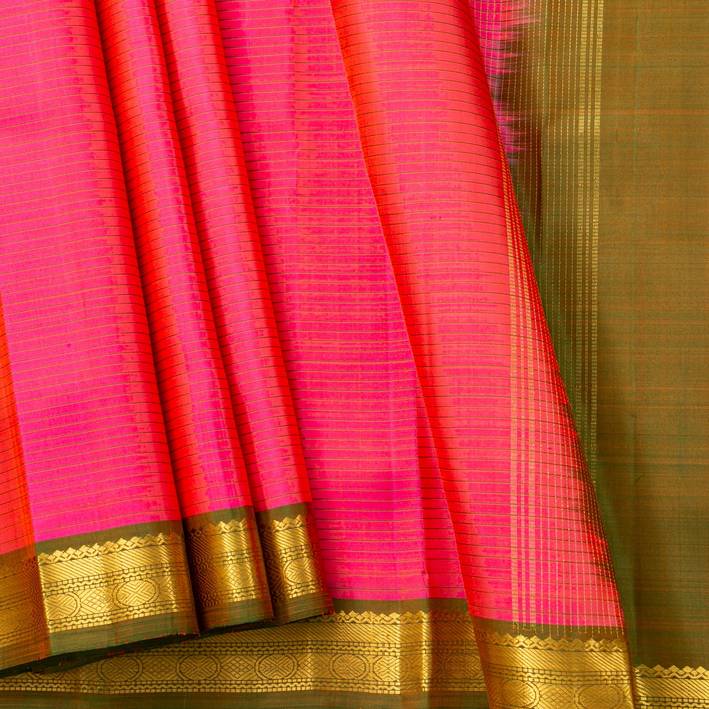Pink And Mehandi Green Kanchipuram Silk Saree For Festive Wear PV KNN 322