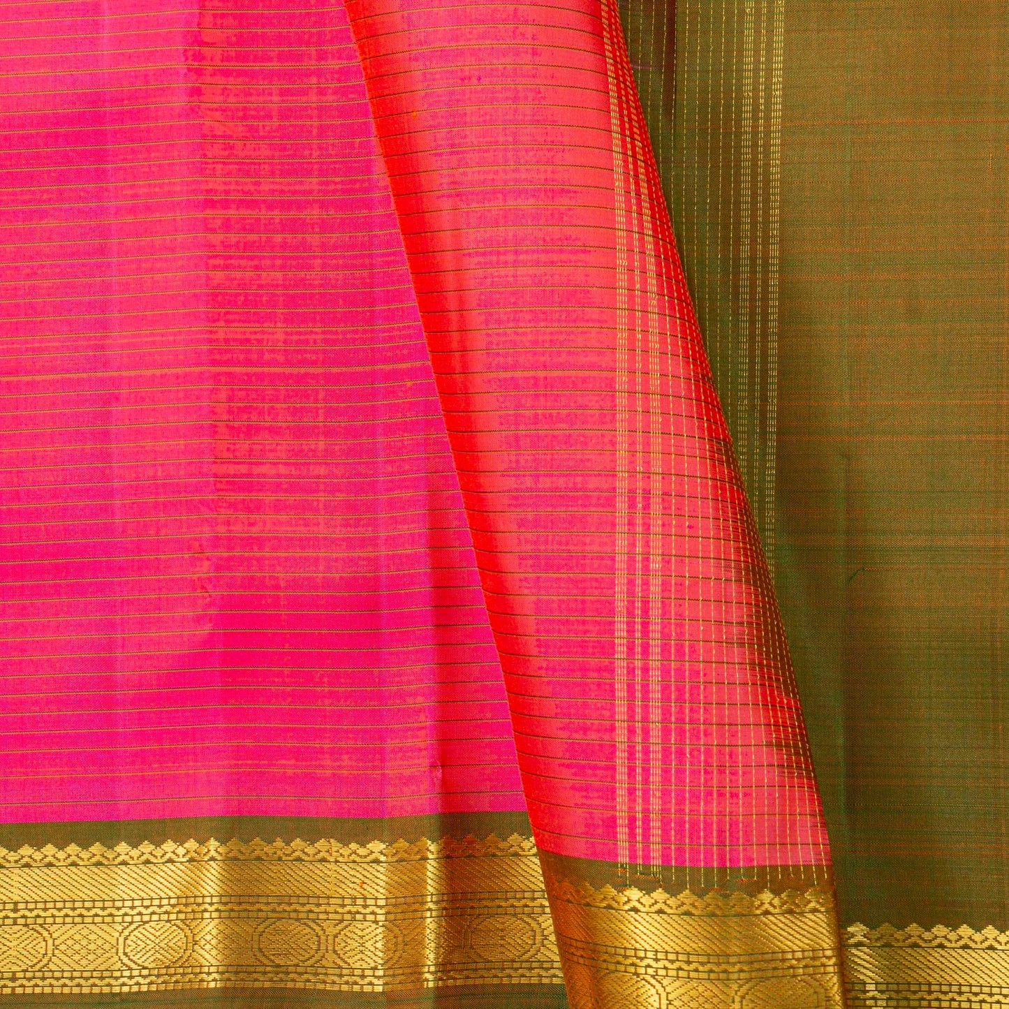 Pink And Mehandi Green Kanchipuram Silk Saree For Festive Wear PV KNN 322