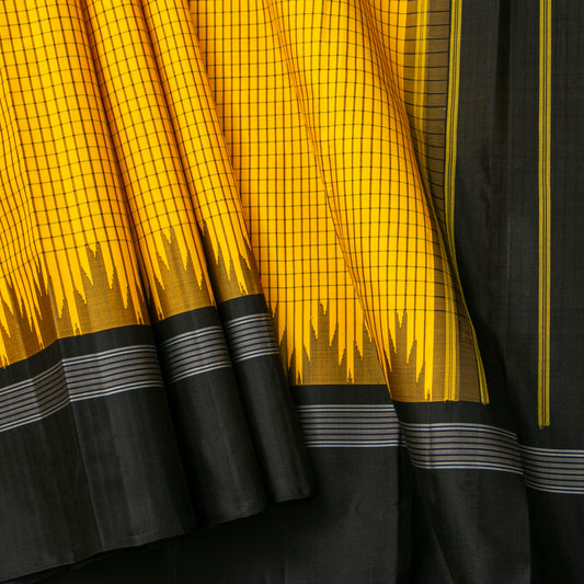 Yellow And Black Kanchipuram Silk Saree No Zari For Office Wear PV KNN 339