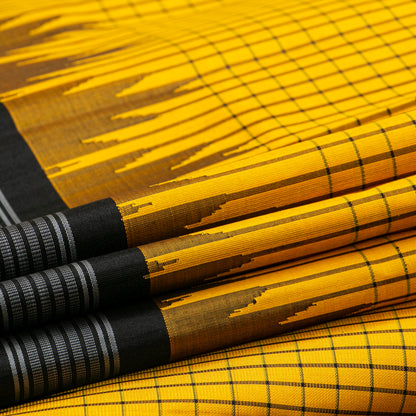 Yellow And Black Kanchipuram Silk Saree No Zari For Office Wear PV KNN 339