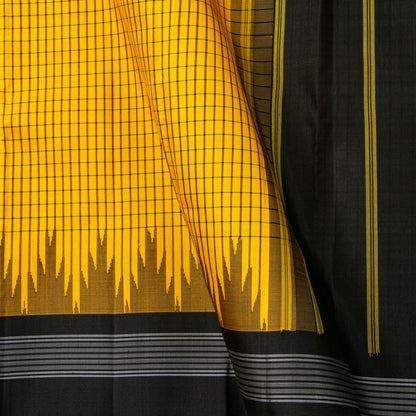 Yellow And Black Kanchipuram Silk Saree No Zari For Office Wear PV KNN 339