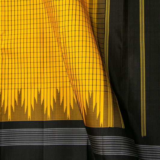 Yellow And Black Kanchipuram Silk Saree No Zari For Office Wear PV KNN 339