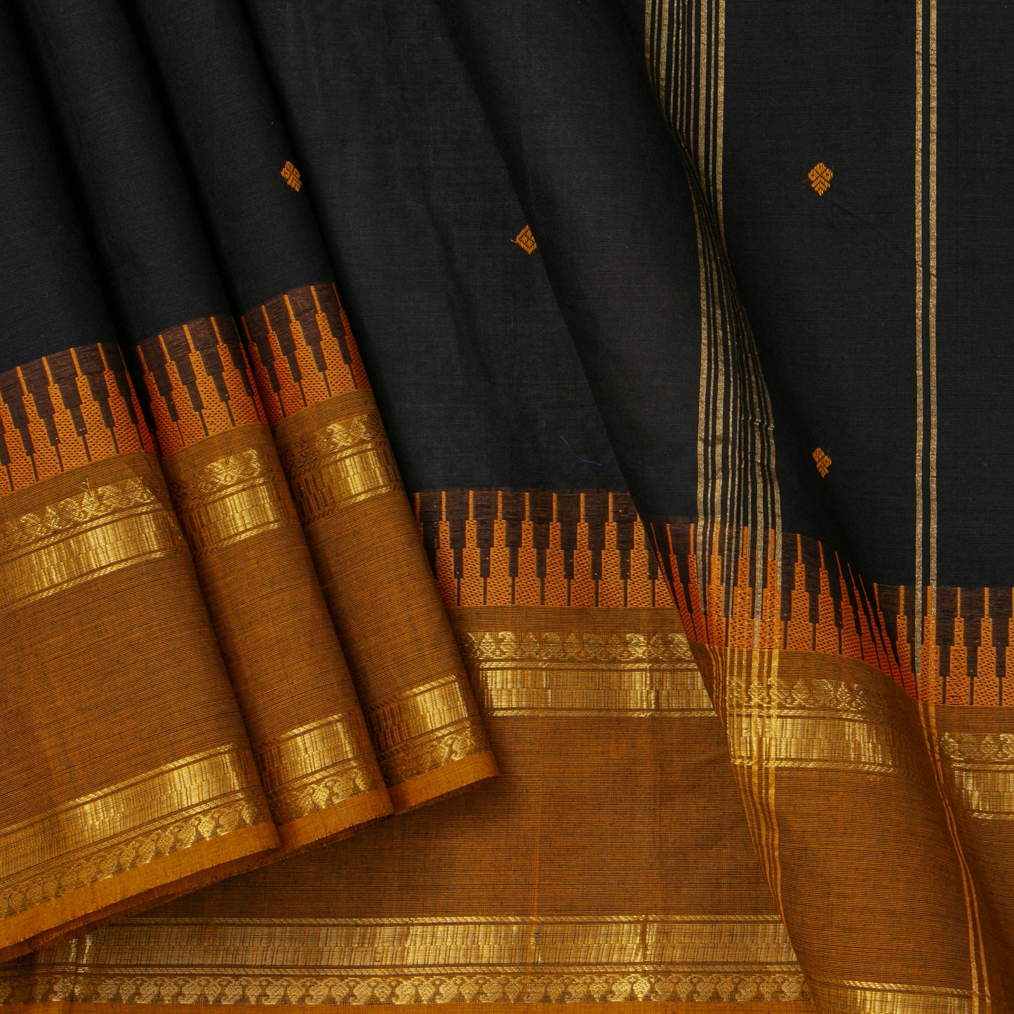Black And Mustard Kanchi Cotton Saree For Festive Wear PV MM KC 591
