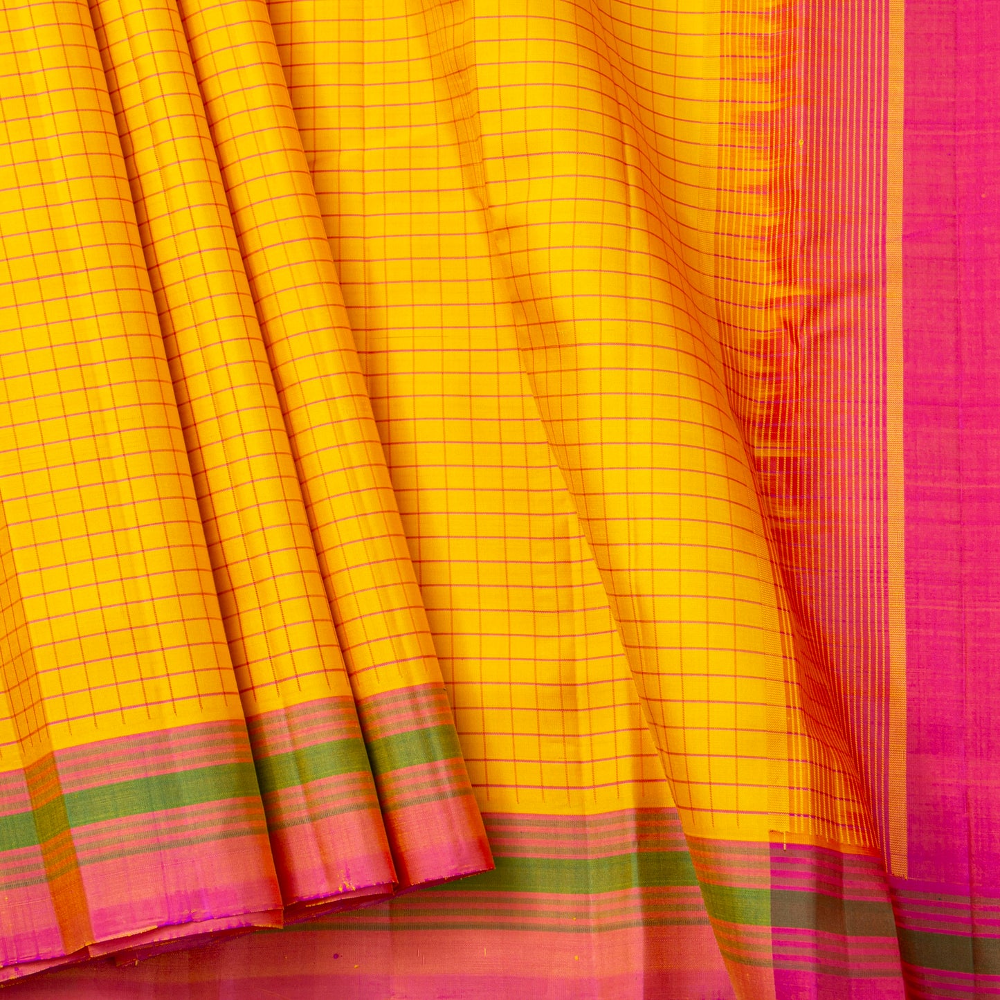 Turmeric Yellow And Pink Kanchipuram Silk Saree With No Zari For Office Wear PV KNN 321