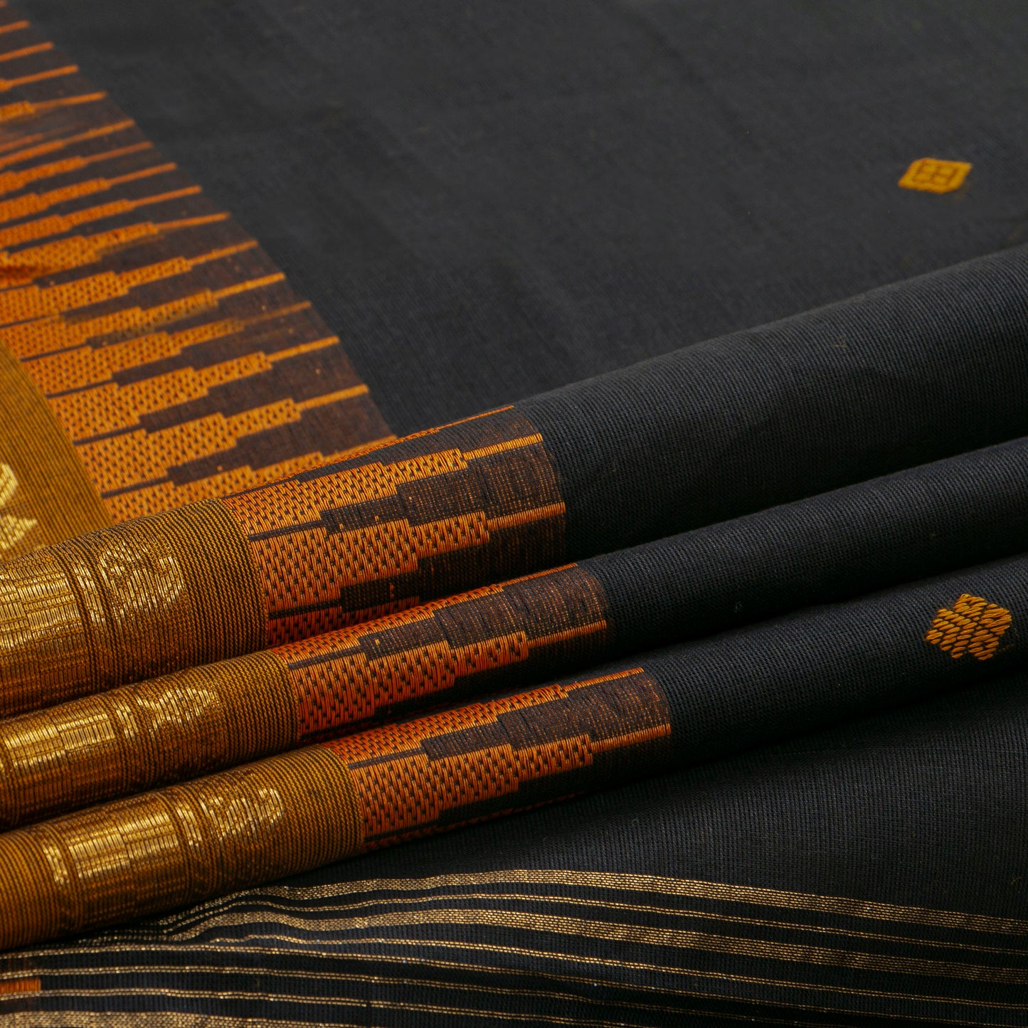 Black And Mustard Kanchi Cotton Saree For Festive Wear PV MM KC 591