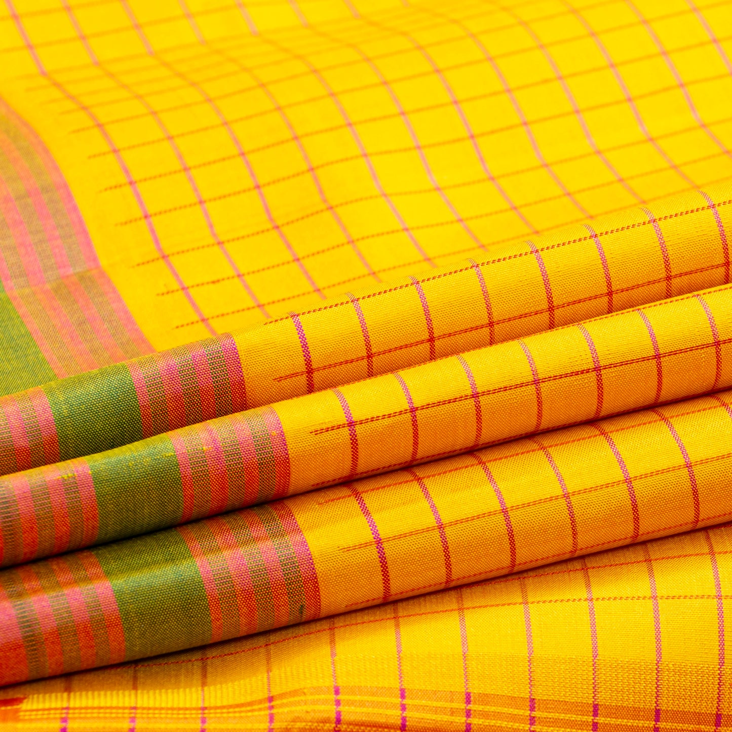 Turmeric Yellow And Pink Kanchipuram Silk Saree With No Zari For Office Wear PV KNN 321
