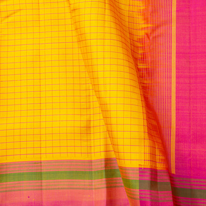 Turmeric Yellow And Pink Kanchipuram Silk Saree With No Zari For Office Wear PV KNN 321