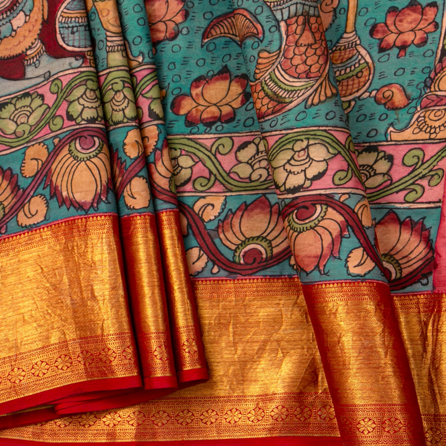Dasavatharam Themed Handpainted Kalamkari Kanchipuram Silk Saree For Festive Wear PV VSR KK 117
