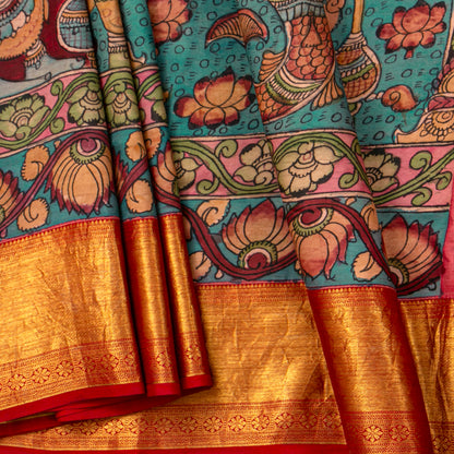Dasavatharam Themed Handpainted Kalamkari Kanchipuram Silk Saree For Festive Wear PV VSR KK 117