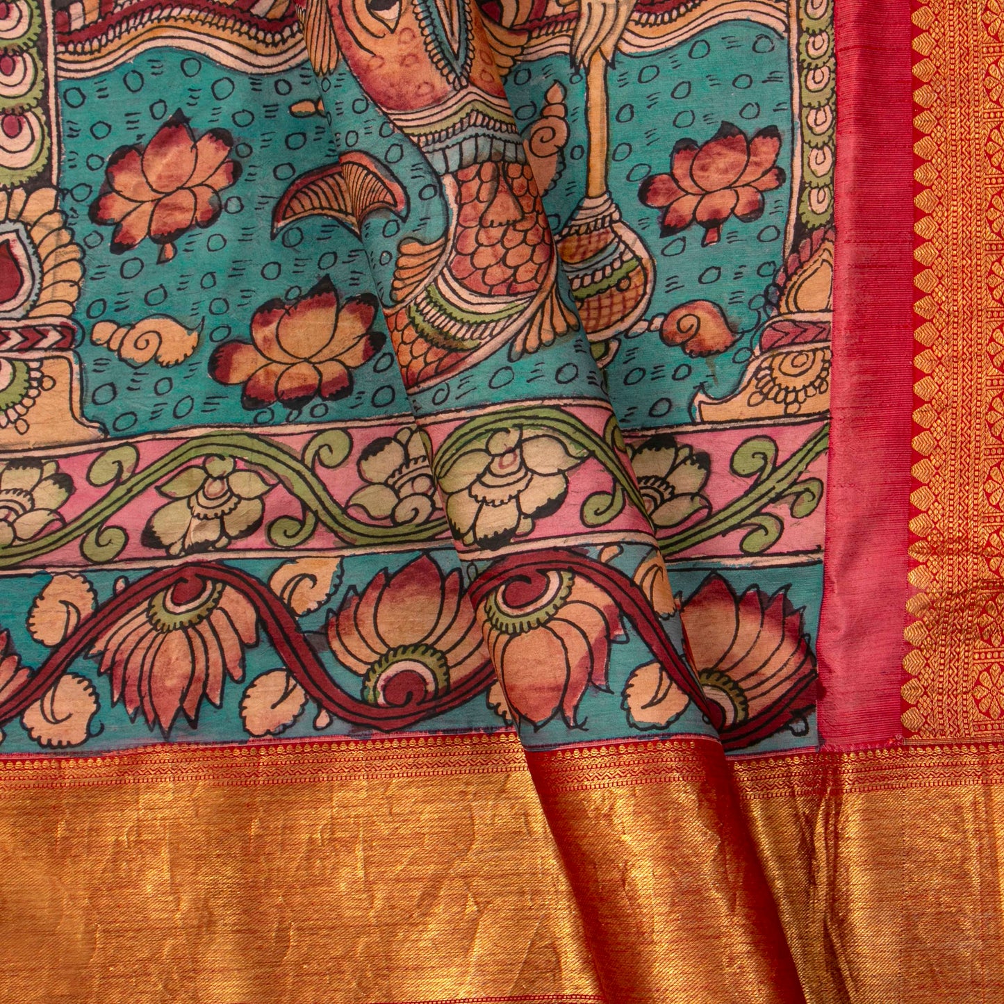 Dasavatharam Themed Handpainted Kalamkari Kanchipuram Silk Saree For Festive Wear PV VSR KK 117