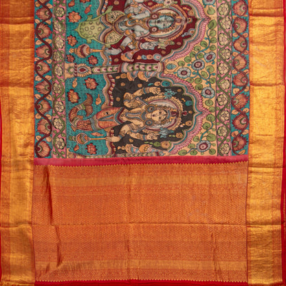 Dasavatharam Themed Handpainted Kalamkari Kanchipuram Silk Saree For Festive Wear PV VSR KK 117