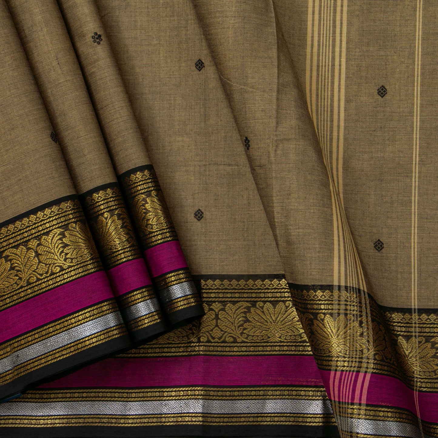 Fawn And Black Kanchi Cotton Saree For Festive Wear PV MM KC 598