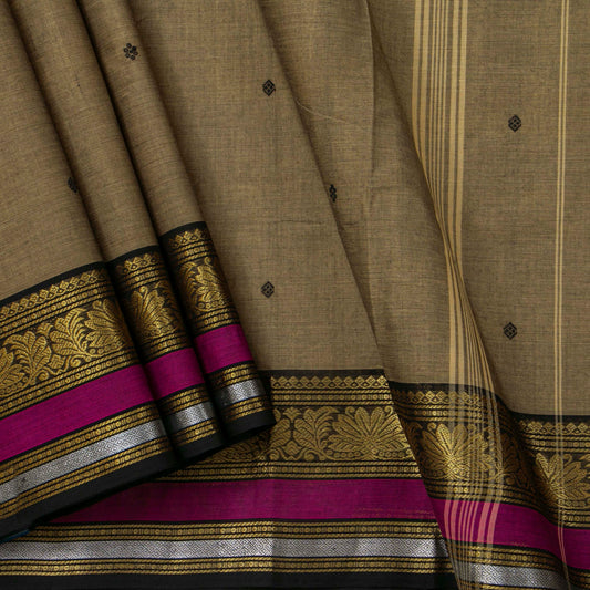 Fawn And Black Kanchi Cotton Saree For Festive Wear PV MM KC 598