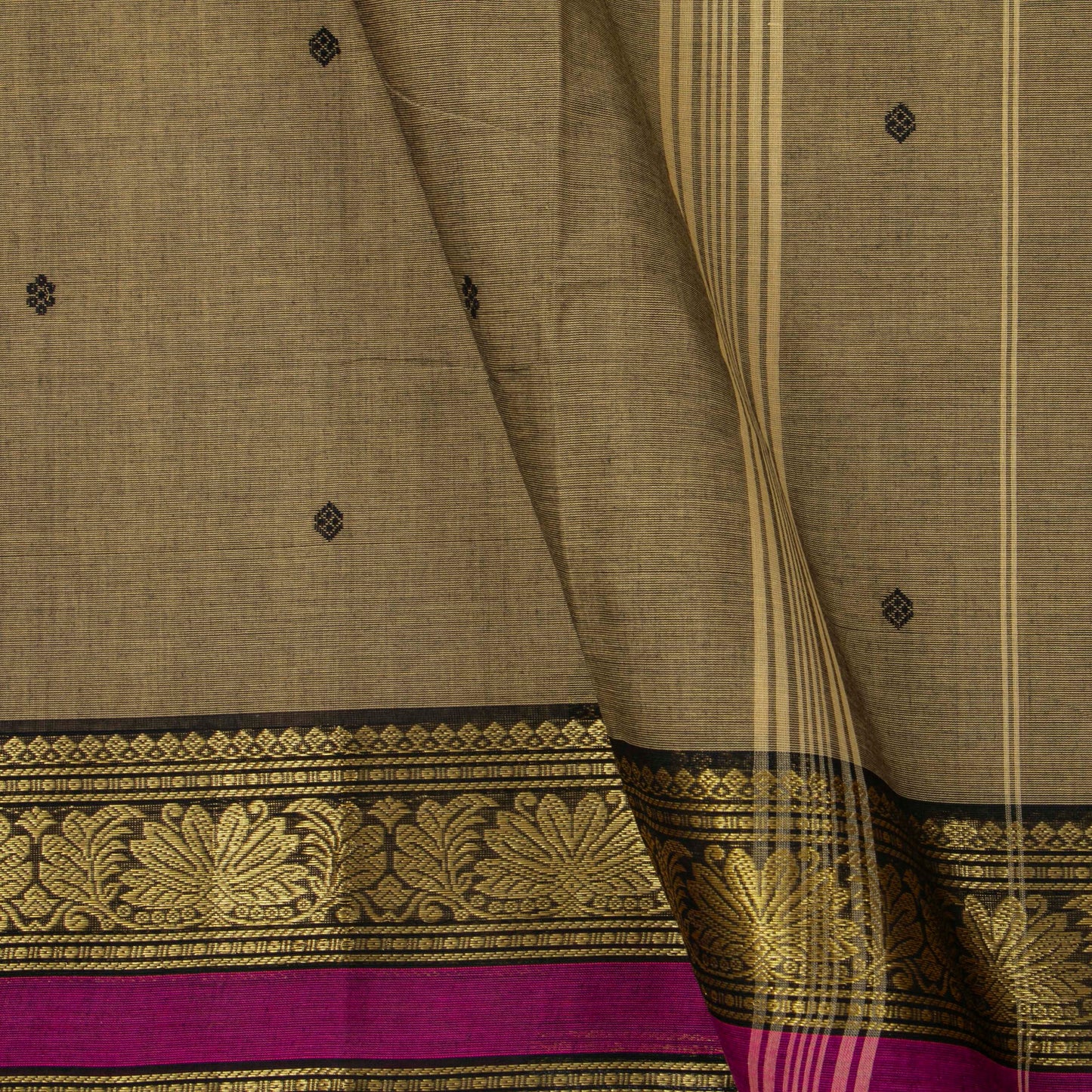 Fawn And Black Kanchi Cotton Saree For Festive Wear PV MM KC 598