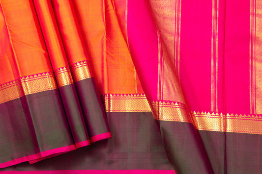 Orange And Pink Kanchipuram Silk Saree With Medium Border Handwoven Pure Silk For Festive Wear PV J 550