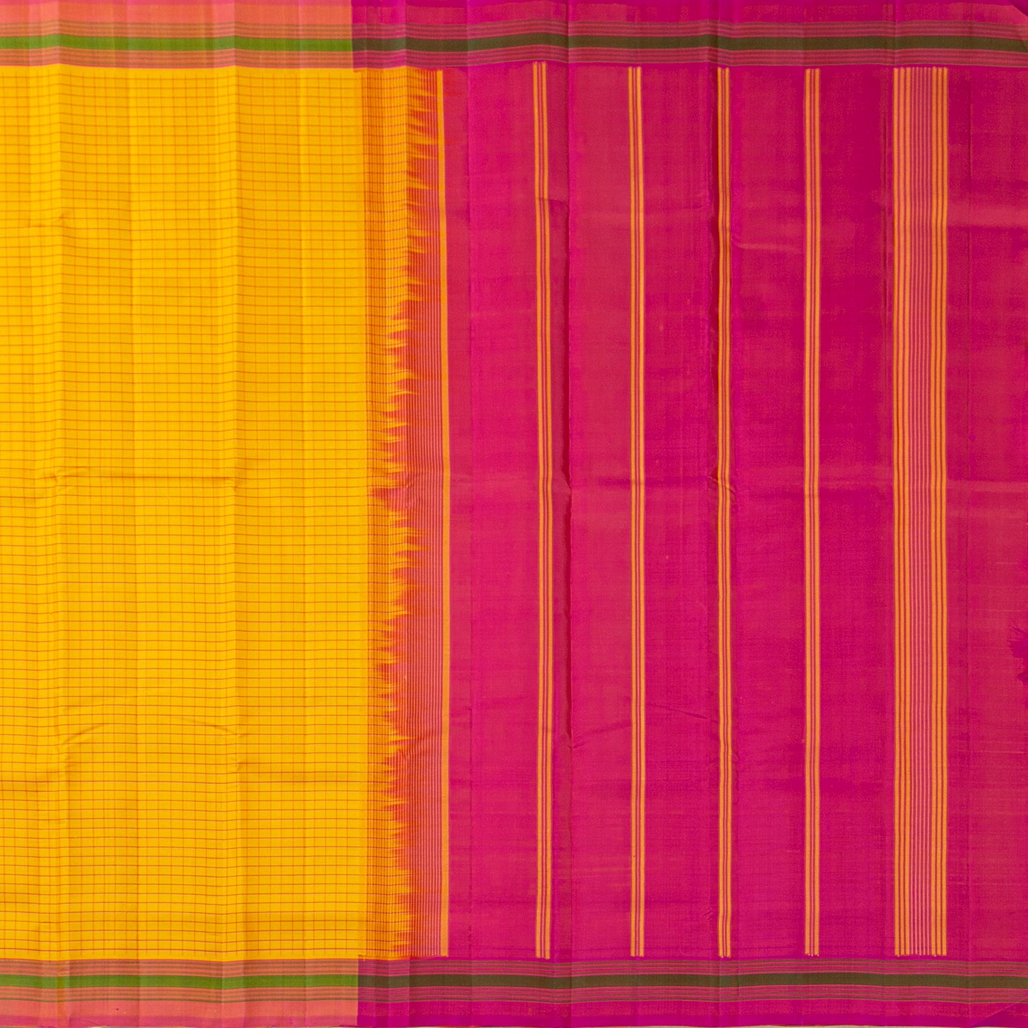 Turmeric Yellow And Pink Kanchipuram Silk Saree With No Zari For Office Wear PV KNN 321