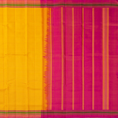 Turmeric Yellow And Pink Kanchipuram Silk Saree With No Zari For Office Wear PV KNN 321