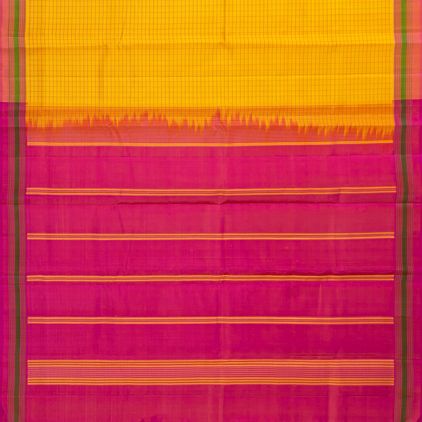 Turmeric Yellow And Pink Kanchipuram Silk Saree With No Zari For Office Wear PV KNN 321