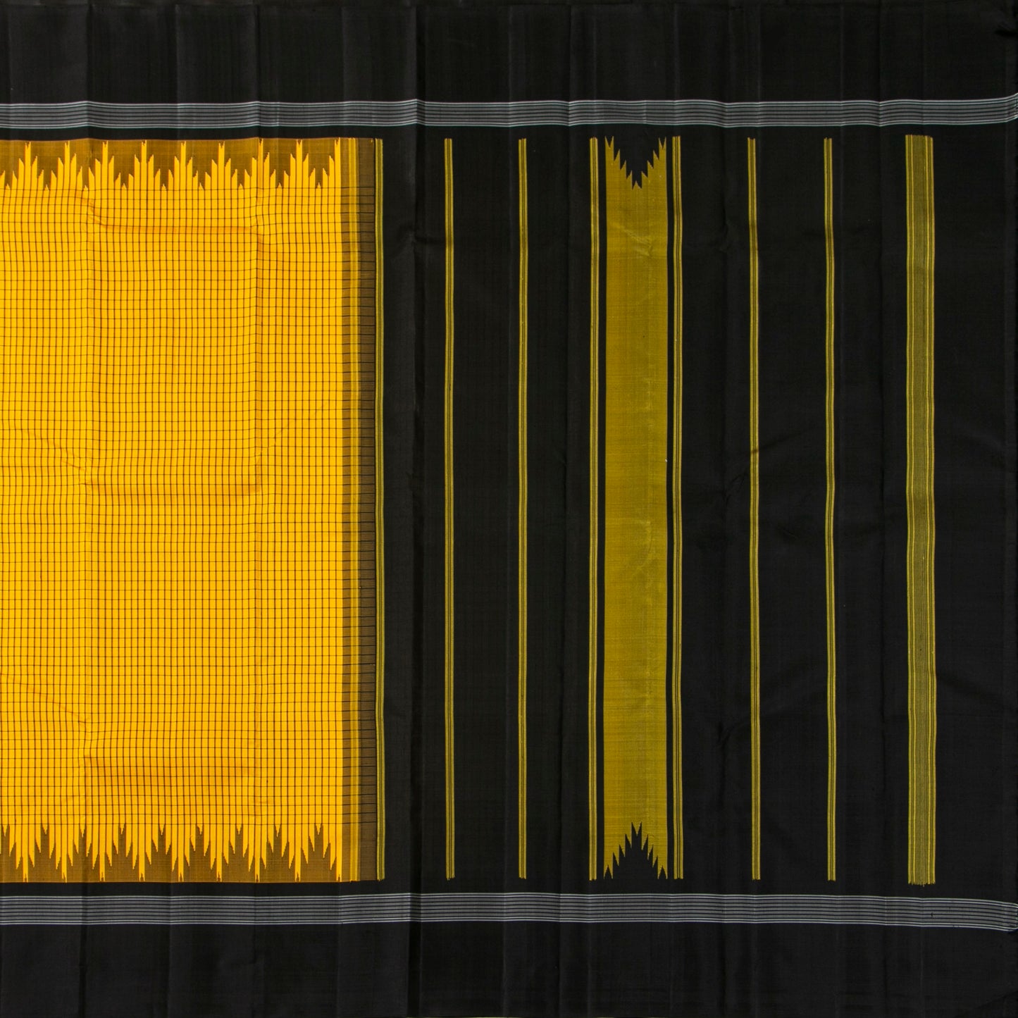 Yellow And Black Kanchipuram Silk Saree No Zari For Office Wear PV KNN 339