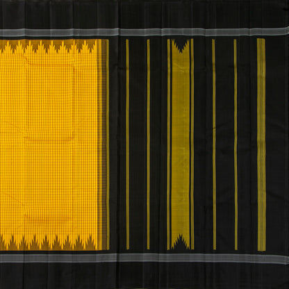 Yellow And Black Kanchipuram Silk Saree No Zari For Office Wear PV KNN 339