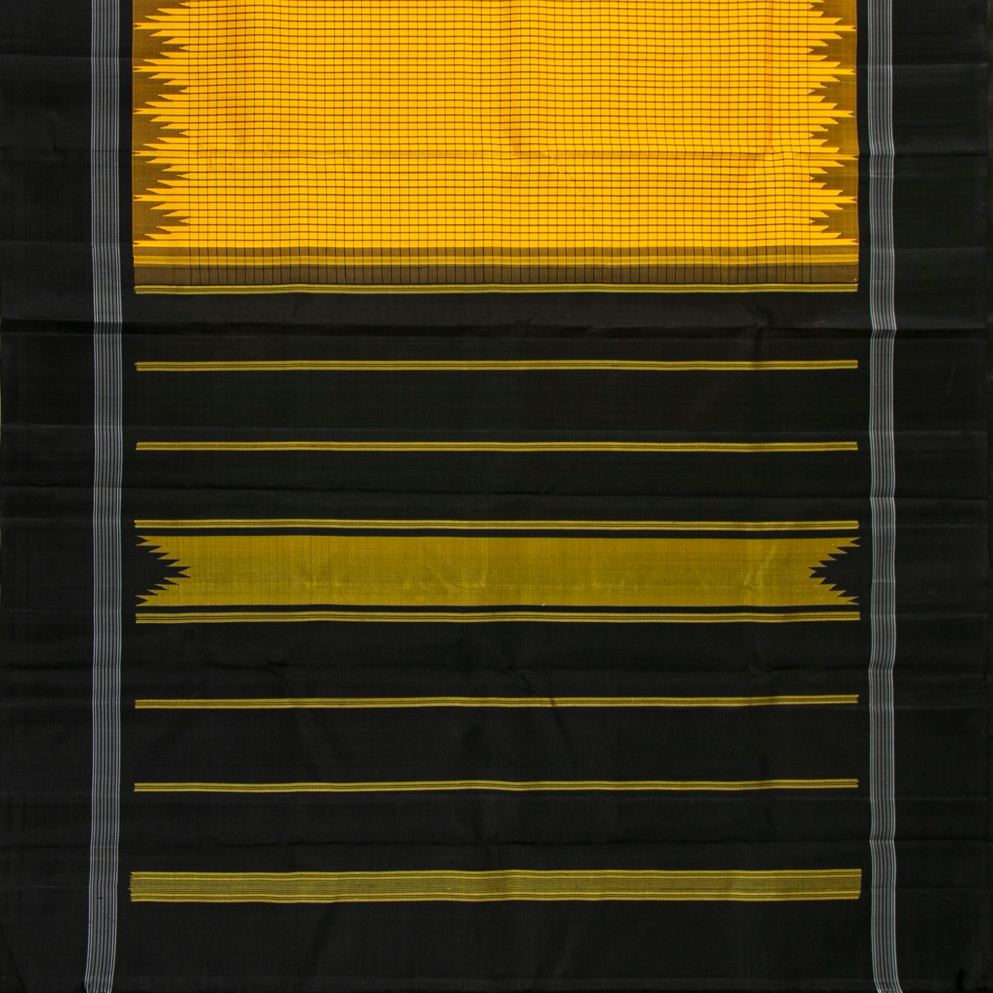 Yellow And Black Kanchipuram Silk Saree No Zari For Office Wear PV KNN 339