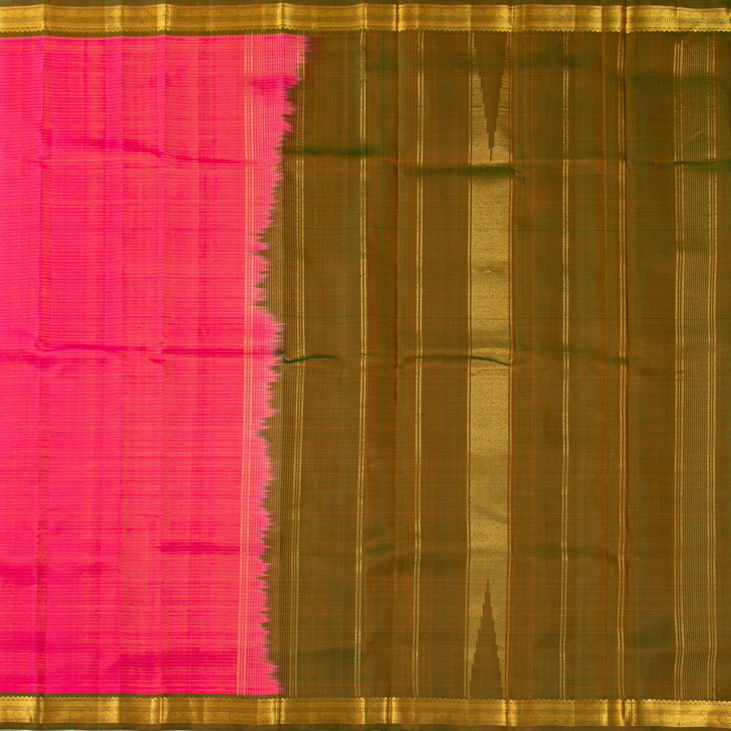 Pink And Mehandi Green Kanchipuram Silk Saree For Festive Wear PV KNN 322