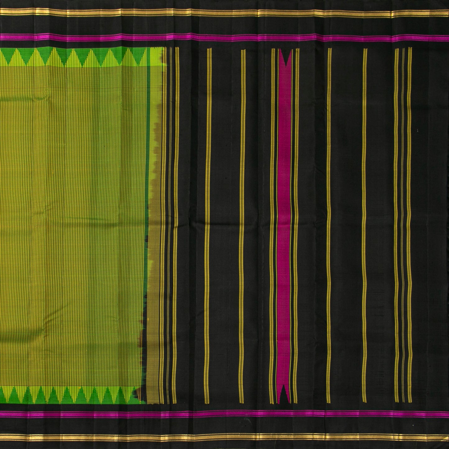 Lime Green And Black Checked Kanchipuram Silk Saree For Office Wear PV KNN 346