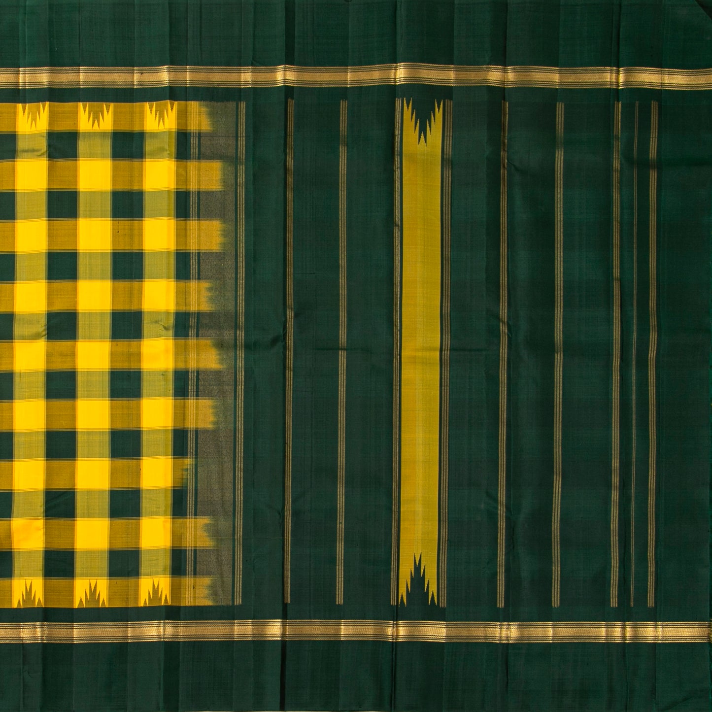 Yellow And Green Kanchipuram Silk Saree With Temple Korvai Border For Festive Wear PV KNN 348