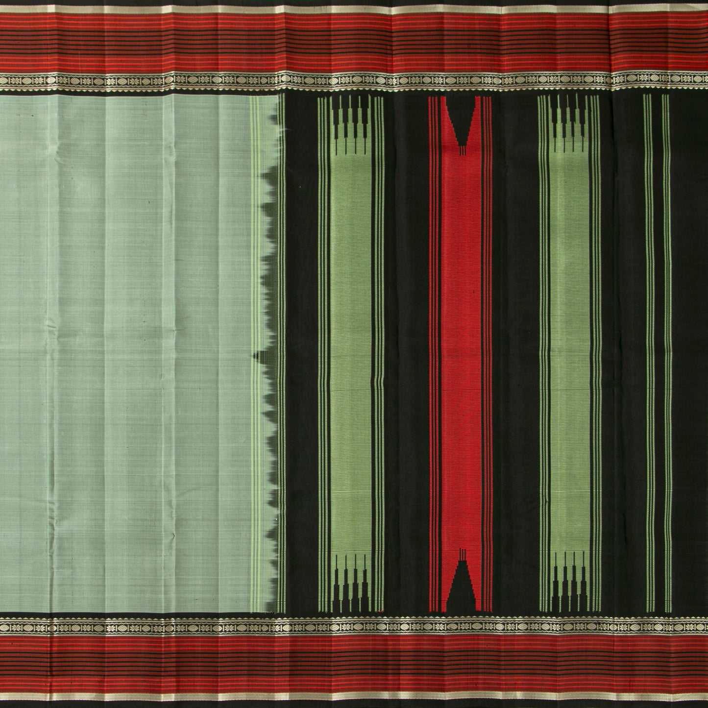 The Enigmatic Leader: Handwoven Sage Green and Black Kanchipuram Pure Silk Saree No Zari For Office Wear PV.KNN 330