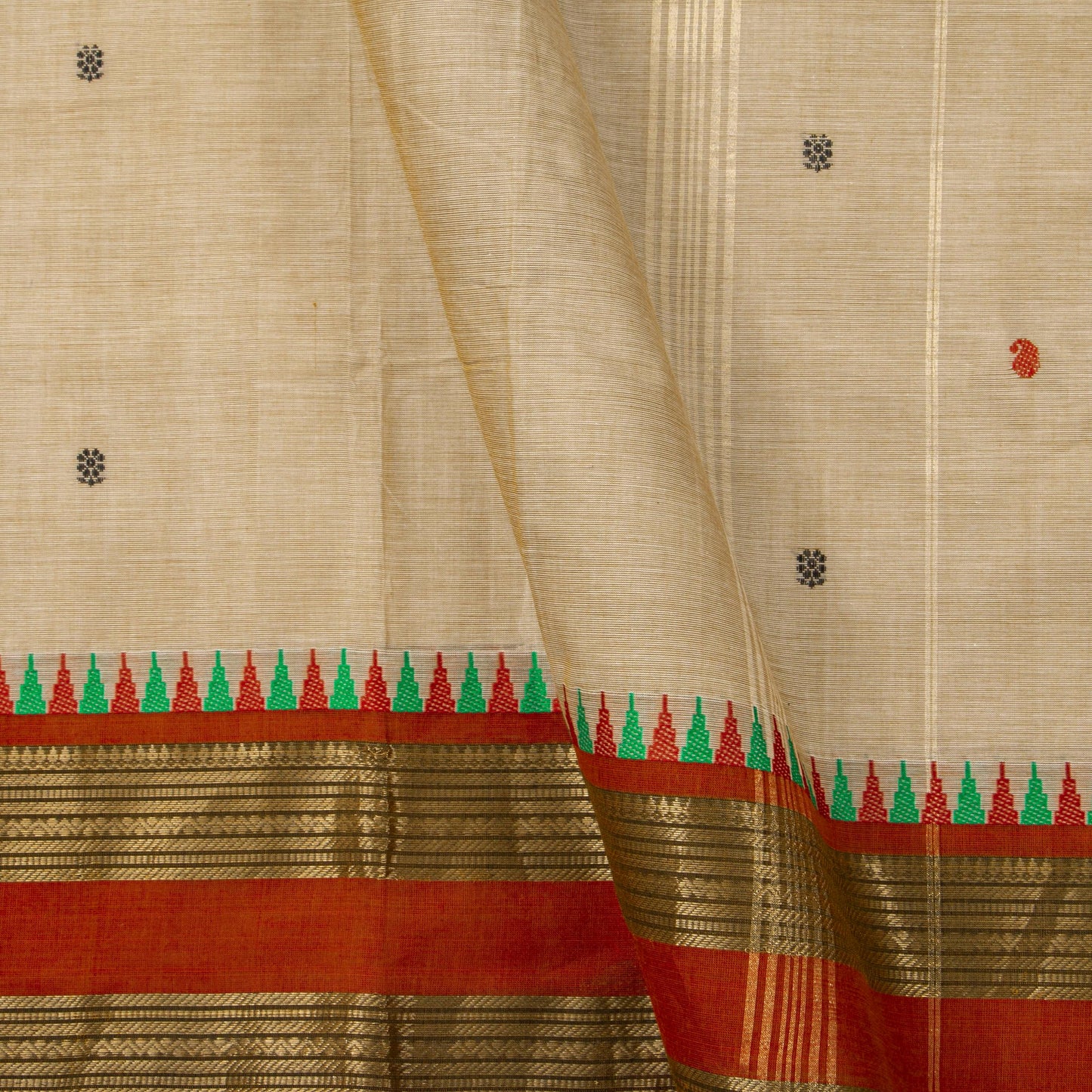 Off White And Rust Kanchi Cotton Saree For Festive Wear PV MM KC 582