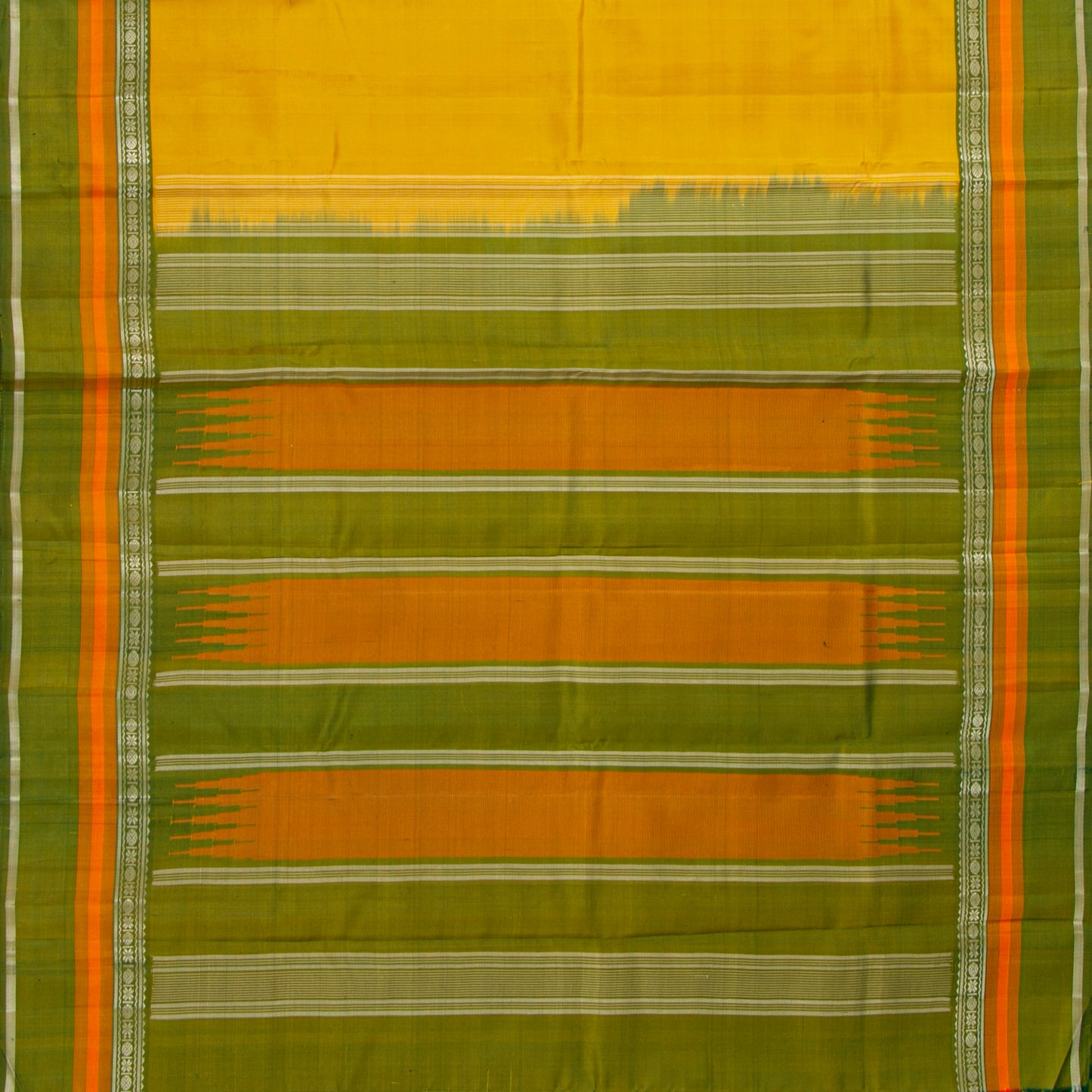 Yellow Ochre And Green Kanchipuram Silk Saree For Festive Wear PV KNN 331