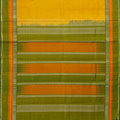 Yellow Ochre And Green Kanchipuram Silk Saree For Festive Wear PV KNN 331