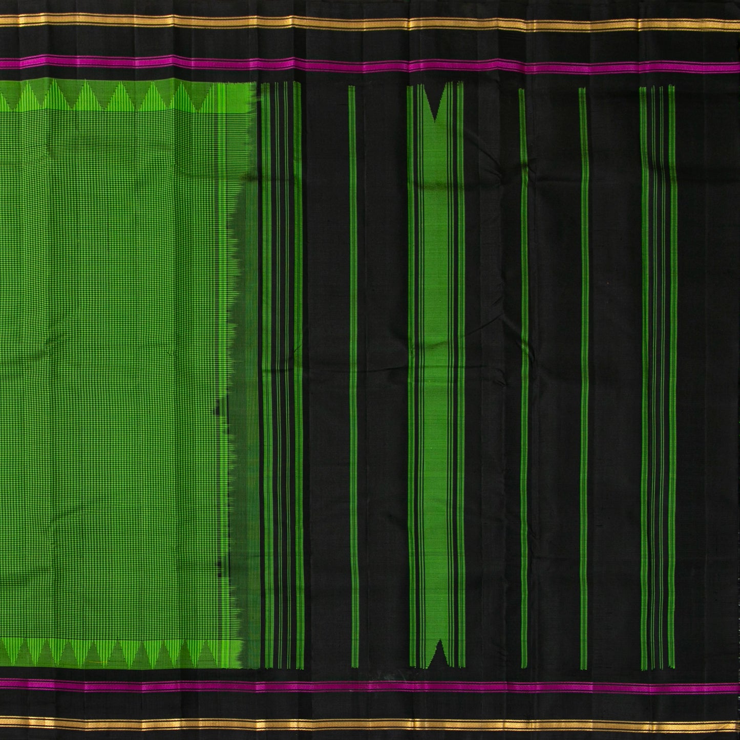 Emerald Green And Black Kanchipuram Silk Saree With Temple Korvai Border For Office Wear PV KNN 347