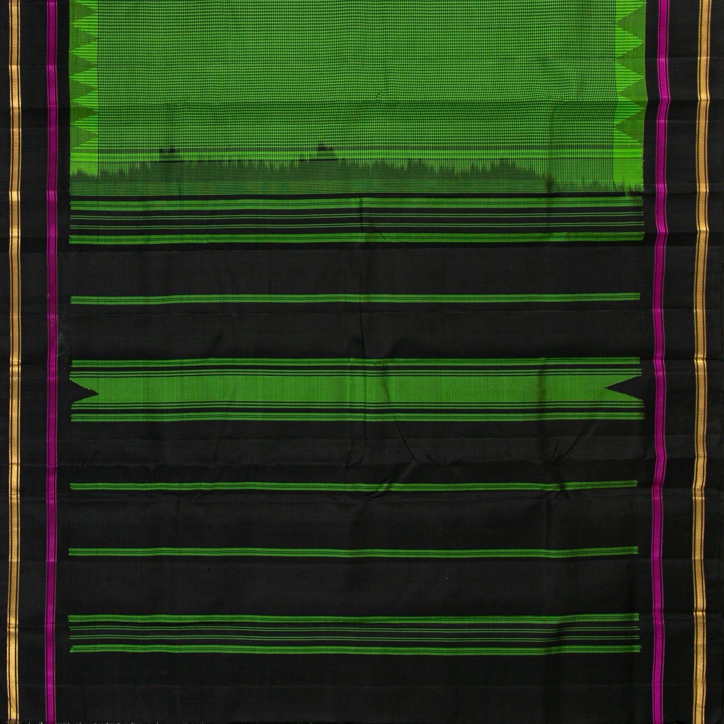 Emerald Green And Black Kanchipuram Silk Saree With Temple Korvai Border For Office Wear PV KNN 347